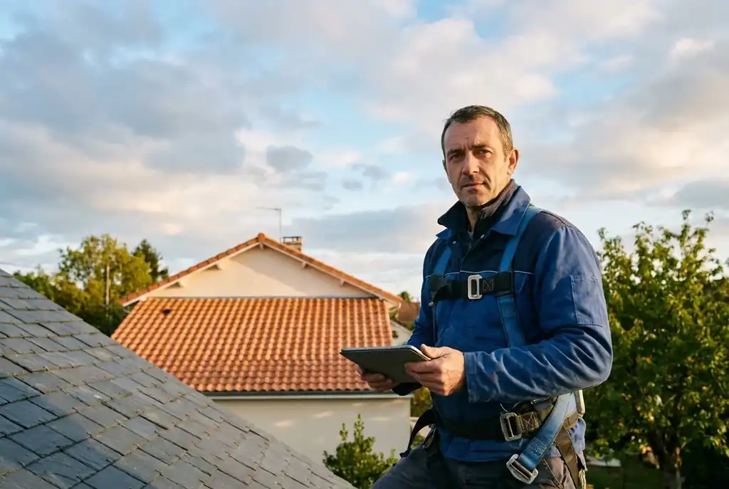 Un professionnel évalue une toiture, tablette à la main